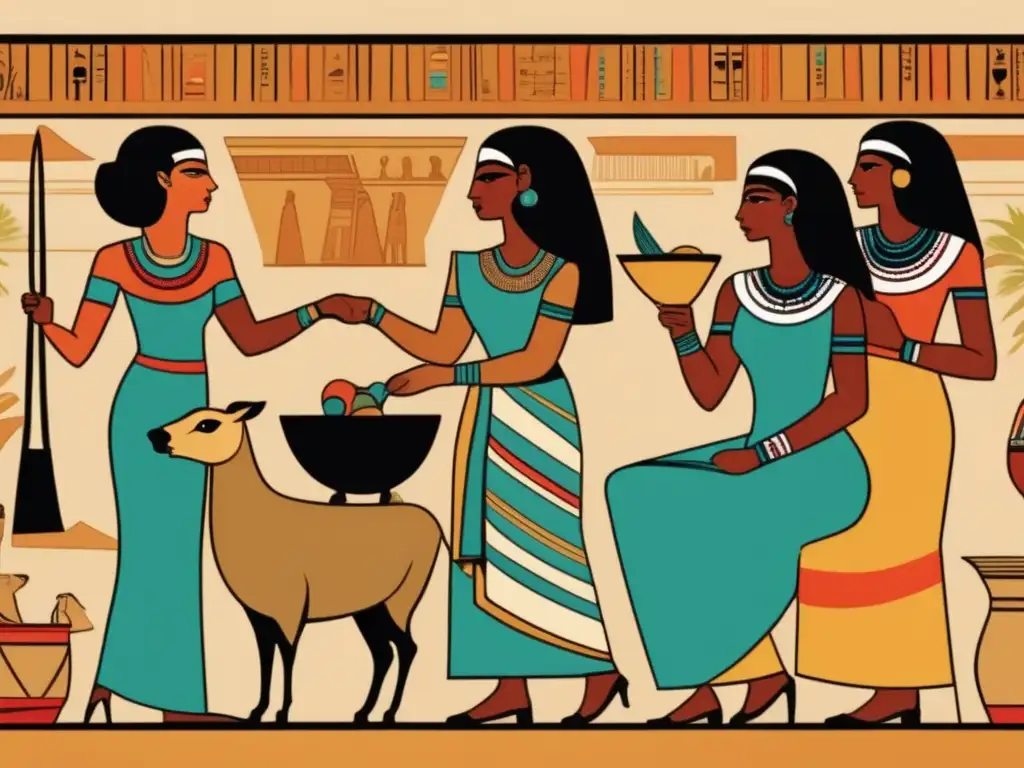 Papel mujer segundo periodo intermedio: Ilustración vintage de mujeres egipcias en atuendos tradicionales, con colores vibrantes y patrones intricados