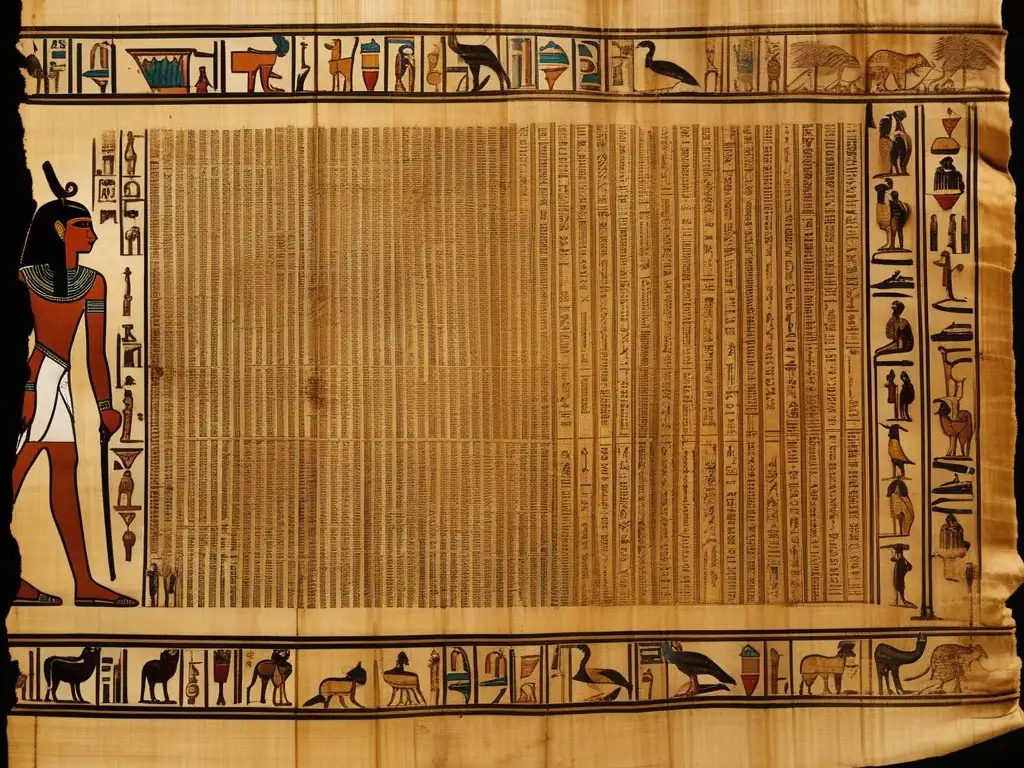 Un papiro antiguo de los egipcios muestra escenas de vida cotidiana en colores desvaídos, transportándote a tiempos pasados