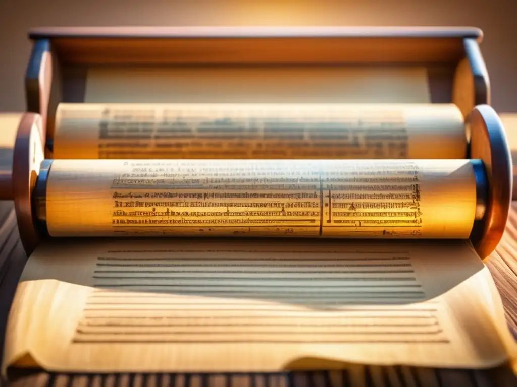 Una papiro antiguo, envejecido y amarillento por el tiempo, descansa abierto sobre un atril de madera