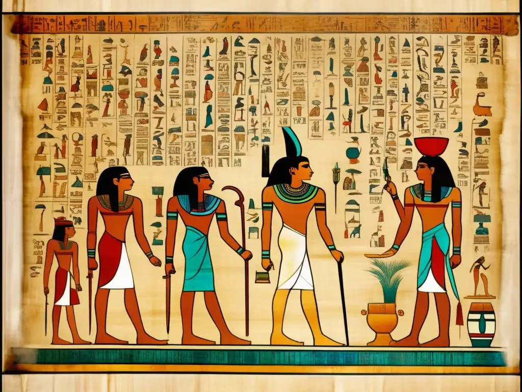 Papiro egipcio antiguo, desgastado por el tiempo, muestra prácticas médicas de la civilización egipcia con sacerdotes médicos