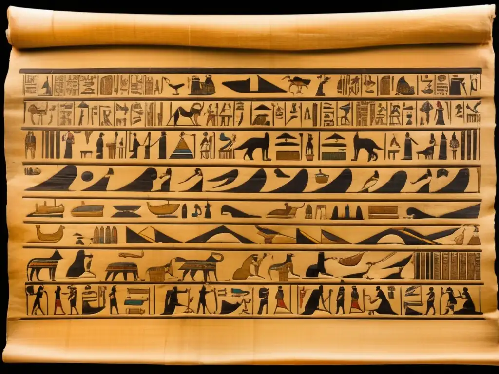 Papiro egipcio antiguo desplegado, con inscripciones jeroglíficas y mágicas