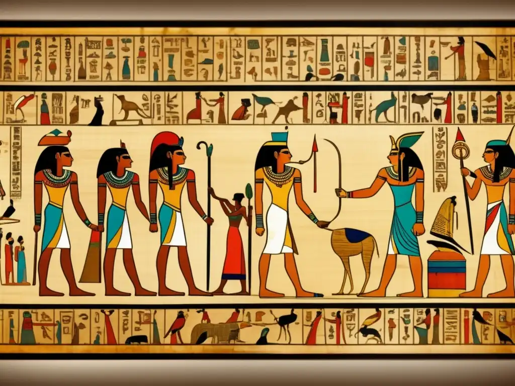 Papiro egipcio: Relaciones internacionales y comercio en escenas vibrantes y detalladas de diplomacia y navegación en el Nilo