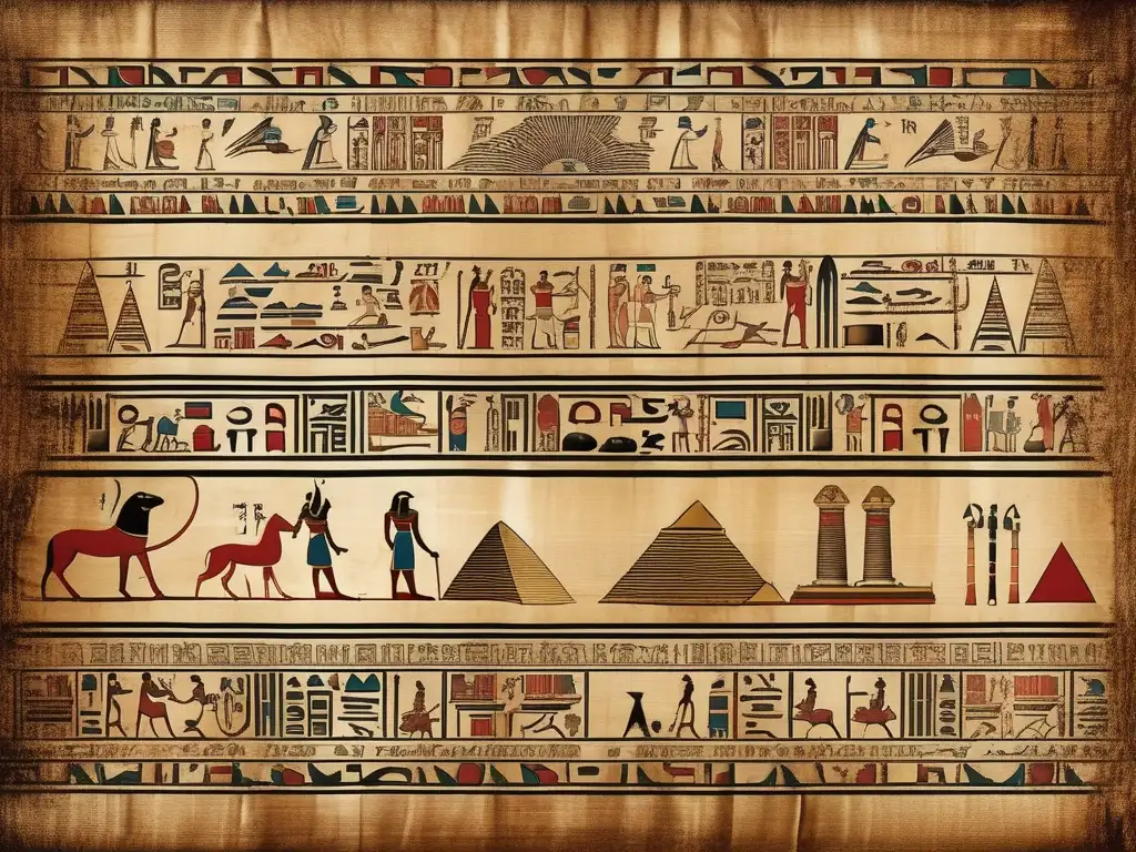 Un papiro egipcio vintage muestra símbolos astronómicos y jeroglíficos intricados