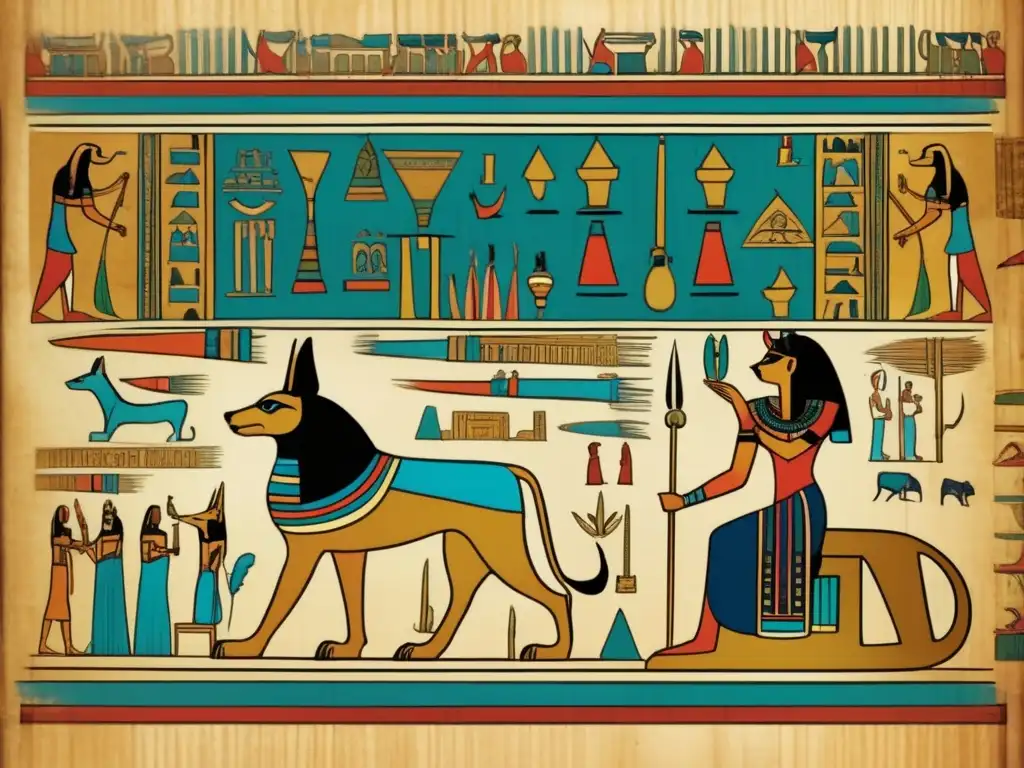 Papiro de Ani ilustrado mitología egipcia: Detallada imagen del Libro de los Muertos, con colores vibrantes y aspecto vintage