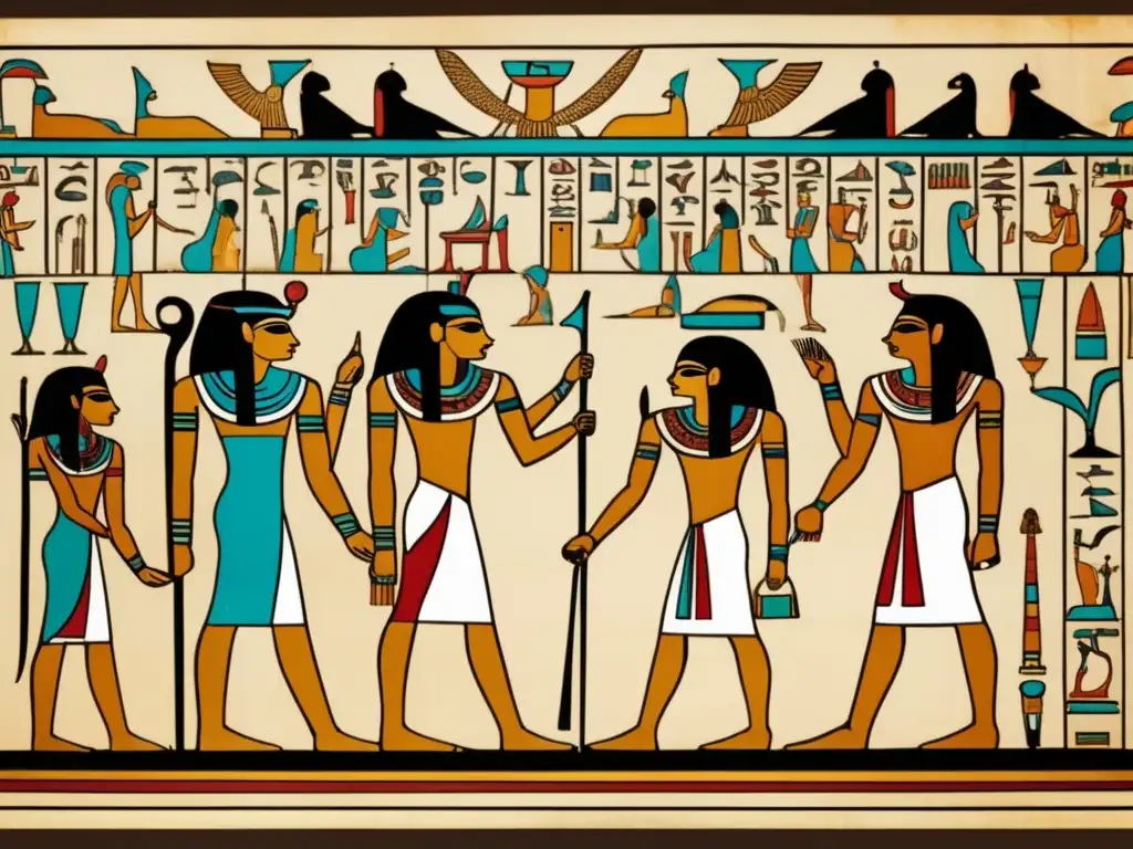 El Papiro de Ani ilustrado muestra a Ani reverenciando a Osiris en la Sala del Juicio, con una atmósfera dorada y símbolos hieroglíficos