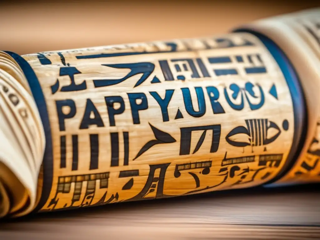 Un papiro trascendental de Egipto desenrollado en una mesa de madera, revelando inscripciones de mitología y arqueología egipcias