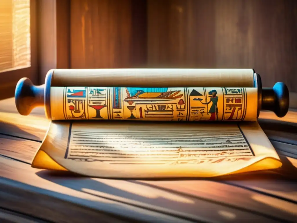 Papiros de amor en Egipto: Un antiguo pergamino decorado desplegado sobre una mesa de madera desgastada