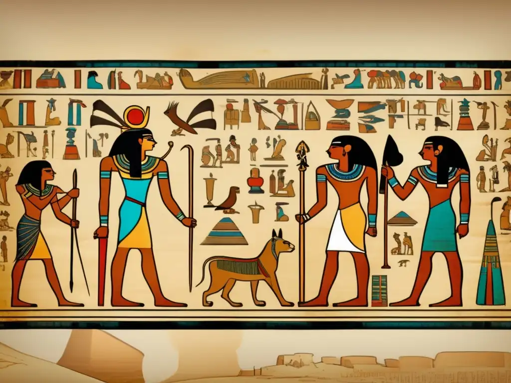 Maravíllate con los papiros antiguos egipcios, detalladamente adornados con imágenes y jeroglíficos que representan la vida cotidiana en el antiguo Egipto