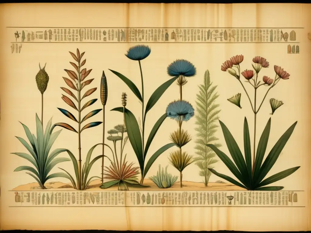 Papiros botánicos del antiguo Egipto faraónico: un delicado pergamino desplegado revela ilustraciones botánicas detalladas de plantas y flores