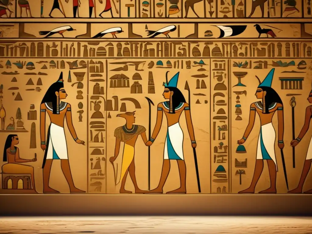 Una pared de un antiguo templo egipcio con jeroglíficos meticulosamente tallados y una atmósfera nostálgica en tonos sepia