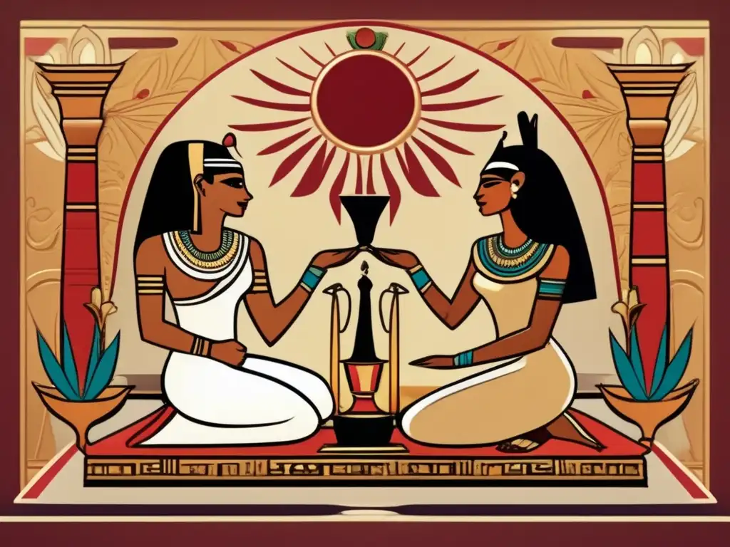 Una pareja egipcia antigua se envuelve en un ritual romántico en un altar adornado