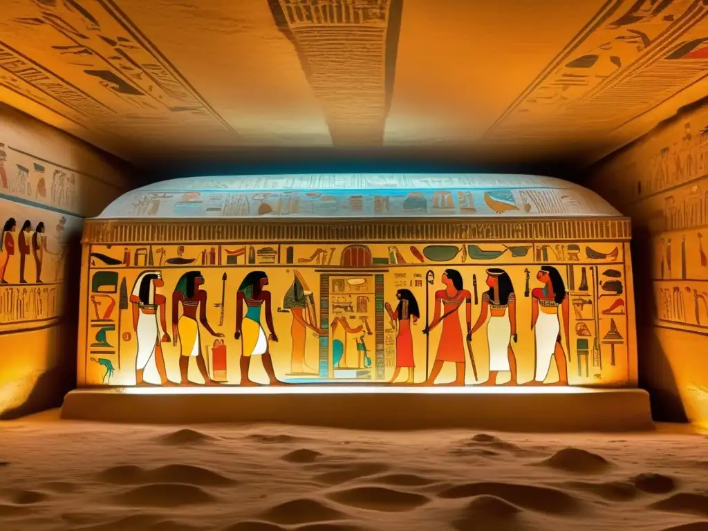 En la penumbra de una cámara antigua en una tumba egipcia, un sarcófago ricamente decorado brilla bajo una suave luz