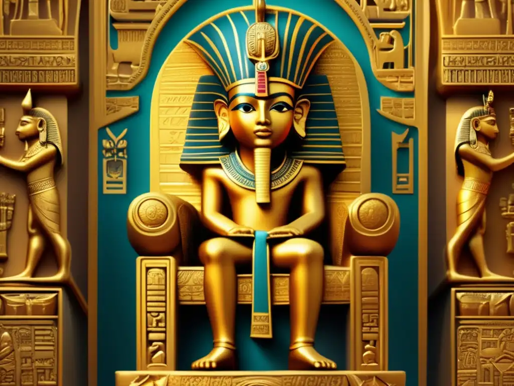 Una ilustración vintage de Pepi II, el faraón niño que gobernó 90 años, sentado en un majestuoso trono dorado con jeroglíficos y tallados intrincados