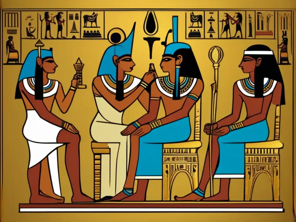 Pepi II, el faraón niño que gobernó 90 años, en su trono dorado rodeado de cortesanos y símbolos de poder egipcios