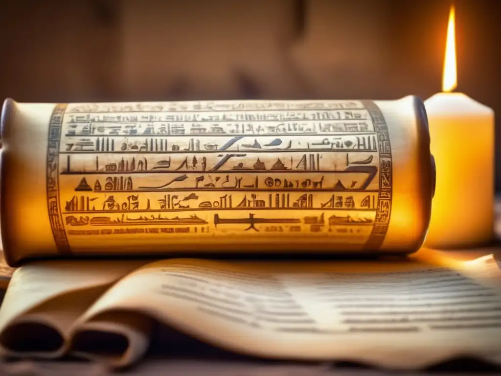 Secretos ancestrales: El misterio de los jeroglíficos egipcios Un pergamino antiguo desenrollado, adornado con jeroglíficos egipcios detallados