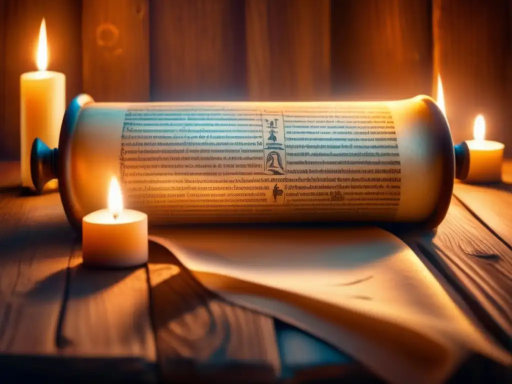 Un pergamino antiguo desplegado en una mesa de madera envejecida, iluminado por la tenue luz de una vela parpadeante