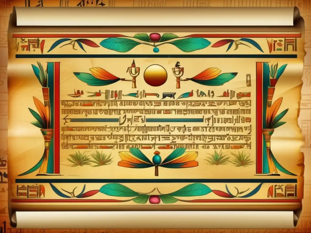 Un pergamino antiguo egipcio adornado con hieroglíficos y plantas medicinales, reflejando la conexión entre medicina y magia en Egipto Antiguo