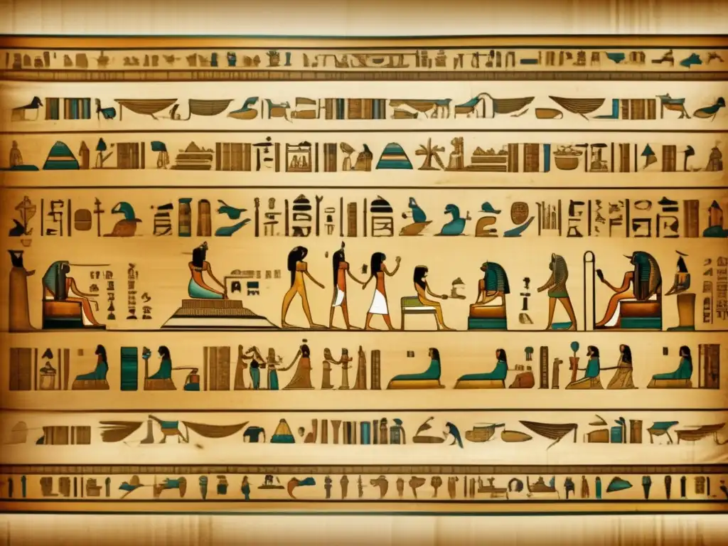 Un pergamino antiguo de Egipto despliega sus textos religiosos clave, envuelto en un aura de sabiduría y misterio dorado