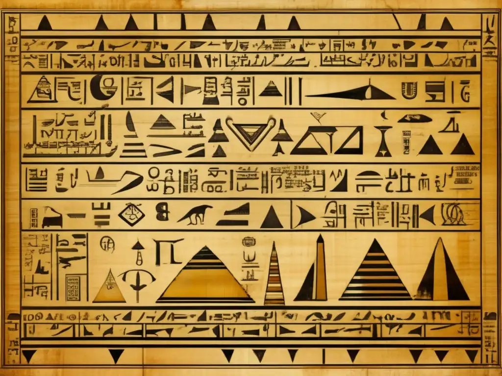 Un pergamino egipcio antiguo cubierto de cálculos matemáticos y diagramas geométricos