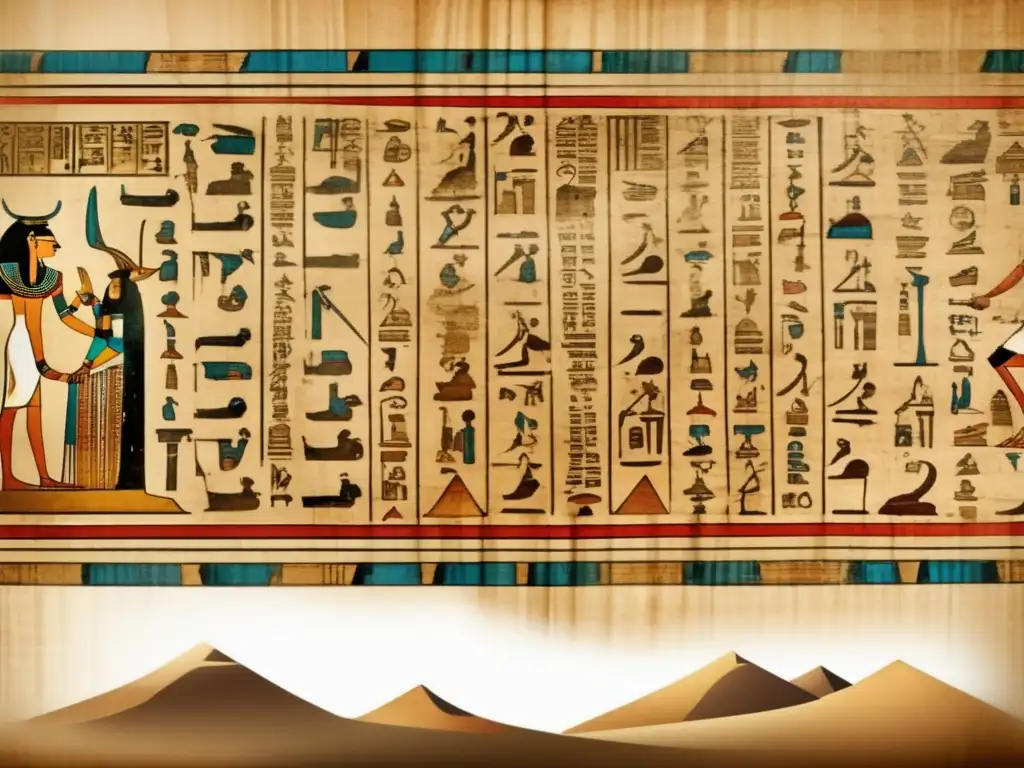 Pergamino egipcio antiguo desplegado, con inscripciones jeroglíficas detalladas que narran el Segundo Periodo Intermedio de Egipto