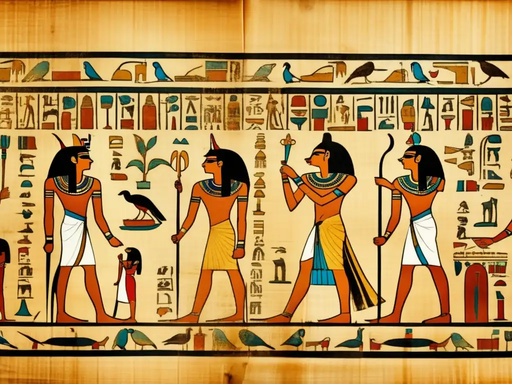 Un pergamino egipcio antiguo detallado, con hieroglíficos e ilustraciones del Libro de los Muertos