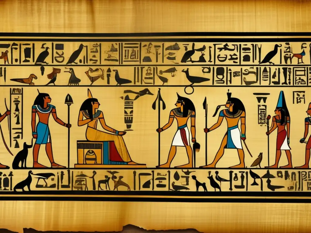 Un pergamino egipcio vintage, desgastado por el tiempo, revela símbolos jeroglíficos meticulosamente grabados en tinta negra