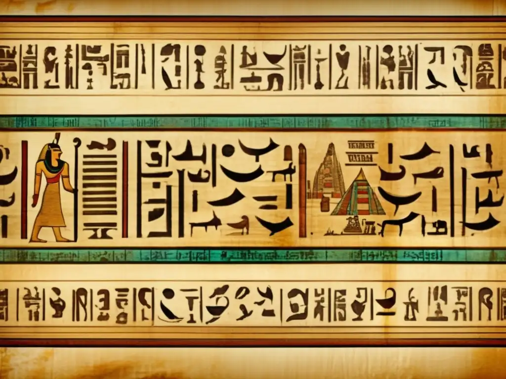 Un pergamino de papiro antiguo muestra hieroglifos egipcios medios con una evolución encantadora del idioma