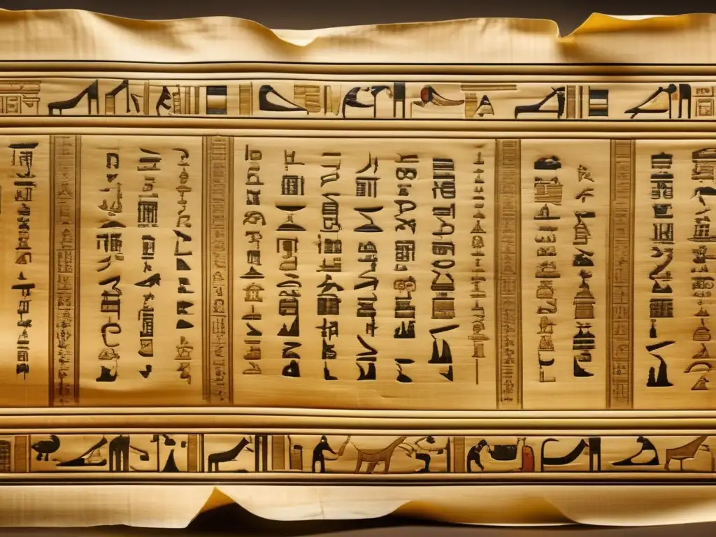 Un pergamino de papiro de 8k ultradetallado: Despliegue cautivador de inscripciones jeroglíficas que muestran la evolución de la escritura egipcia común