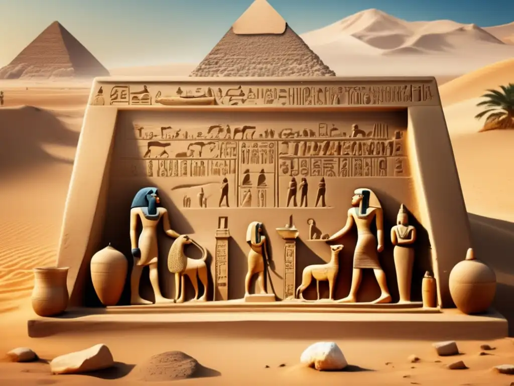 Evolución religión egipcia en el Periodo Predinástico: una imagen detallada y vintage que muestra el paisaje desértico con antiguos artefactos, rituales y adoración a deidades antiguas