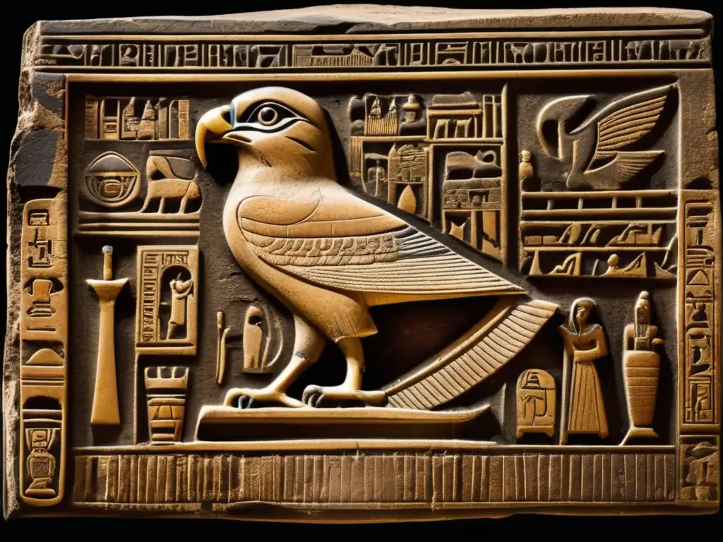 Evolución religión egipcia en Periodo Predinástico: Imagen detallada de una antigua escultura de piedra, representando a un dios con cabeza de halcón