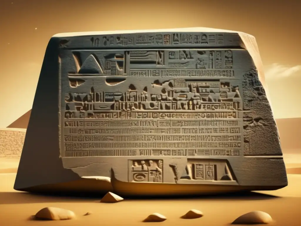 La Piedra Rosetta envejecida, con inscripciones desgastadas y textura detallada