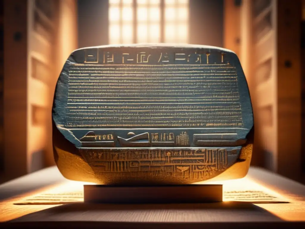 La Piedra de Rosetta, con inscripciones hieroglíficas y textura envejecida, se exhibe en una sala tenue