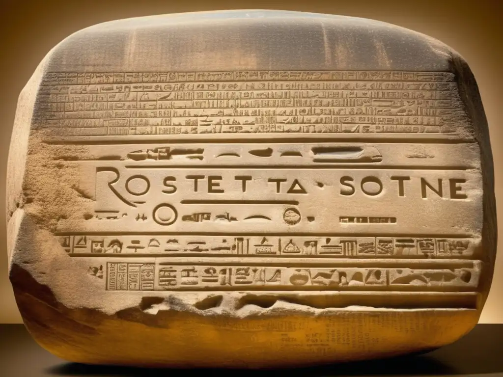 La Piedra de Rosetta, testigo del pasado, con inscripciones y textura desgastada, se destaca en medio de jeroglíficos egipcios