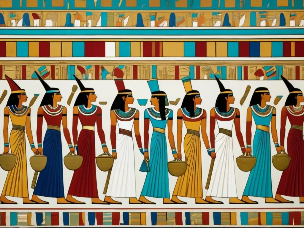 Una pintura antigua detallada de una elegante reunión en un banquete egipcio, con vestimentas exquisitas y detalles artesanales