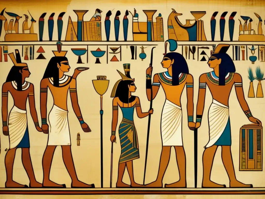 Una pintura antigua detallada que muestra a los primeros faraones en Egipto