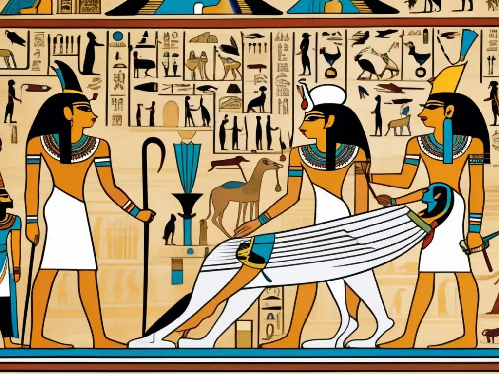 Una pintura antigua egipcia detallada que representa el viaje del alma en la vida después