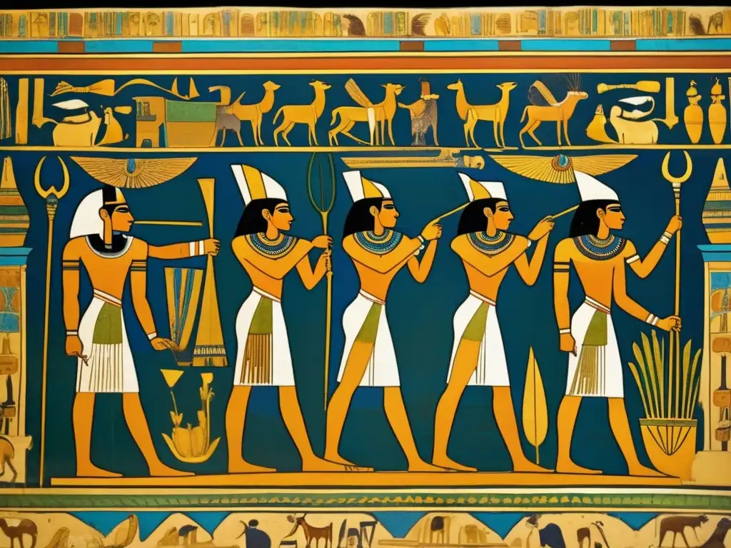 Pintura antigua de una tumba noble de Egipto con colores vibrantes y detalles intrincados, que muestra escenas de caza, agricultura y ceremonias