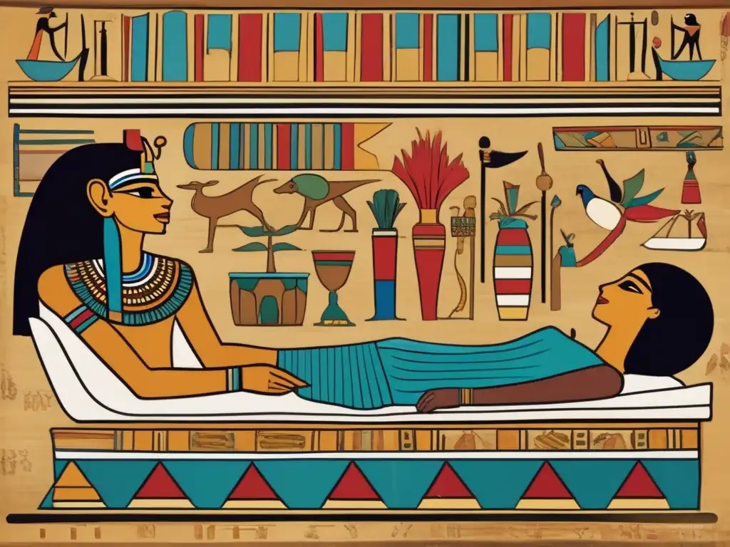 Pintura detallada de una antigua tumba egipcia que muestra las técnicas de momificación en Egipto