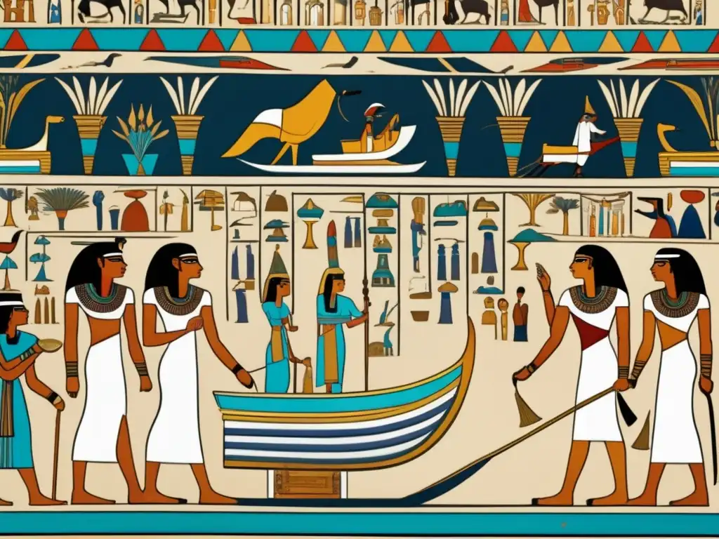 Una pintura detallada de una tumba egipcia antigua que representa el Viaje al Más Allá