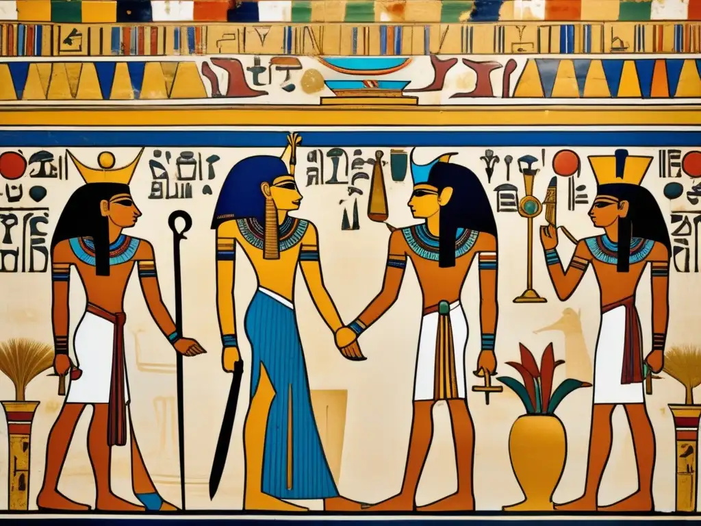 Una pintura egipcia divina, detallada y vibrante, muestra a un faraón adornado en su trono dorado, rodeado de simbolismo y jeroglíficos