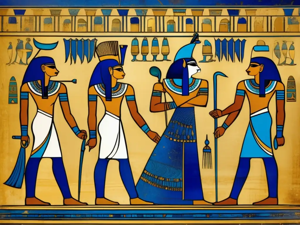 Pintura egipcia con lapislázuli, símbolos intrincados y colores vibrantes en una imagen detallada que resalta su significado histórico