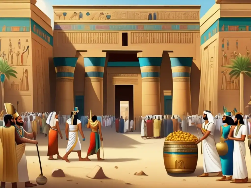 Pintura egipcia con perspectiva cautivante de un animado mercado antiguo, lleno de colores vibrantes y detalles meticulosos