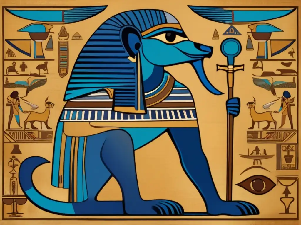 Una pintura egipcia vintage detallada de Horus, dios supremo, con jeroglíficos y símbolos divinos