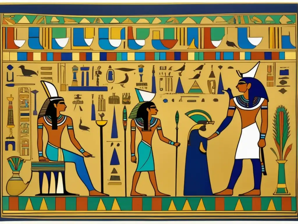Una pintura egipcia vintage detallada con colores vibrantes y detalles intrincados