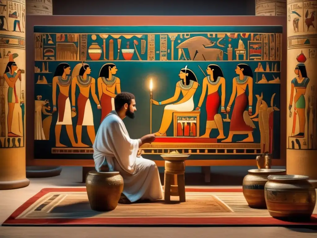 Una pintura de estilo vintage muestra a un artista egipcio antiguo trabajando en su obra maestra