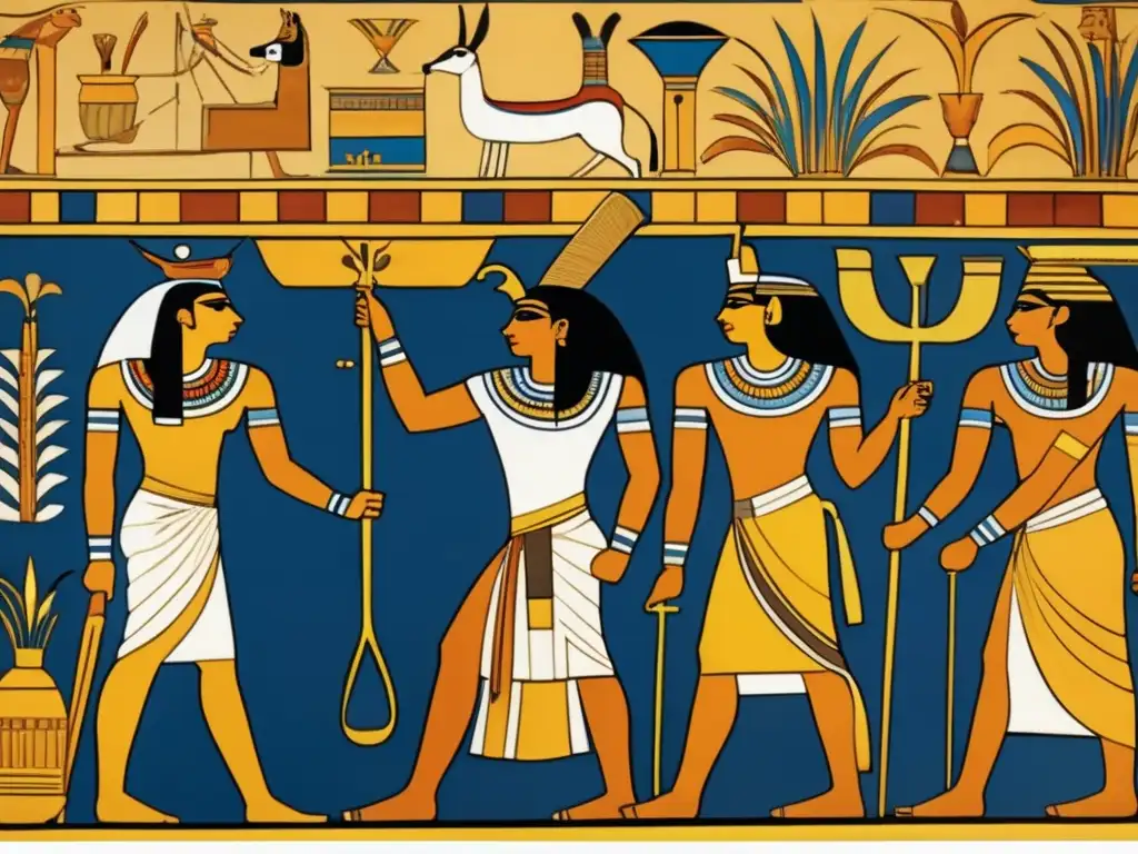 Una pintura mural del antiguo Egipto muestra escenas de la vida diaria con una paleta cromática vibrante y detalles intrincados