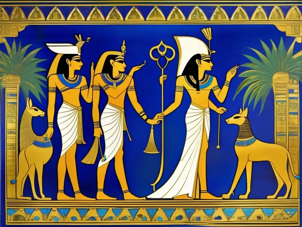 Una pintura mural egipcia en tonos azules y dorados, donde el lapislázuli simboliza el significado divino de la pintura egipcia