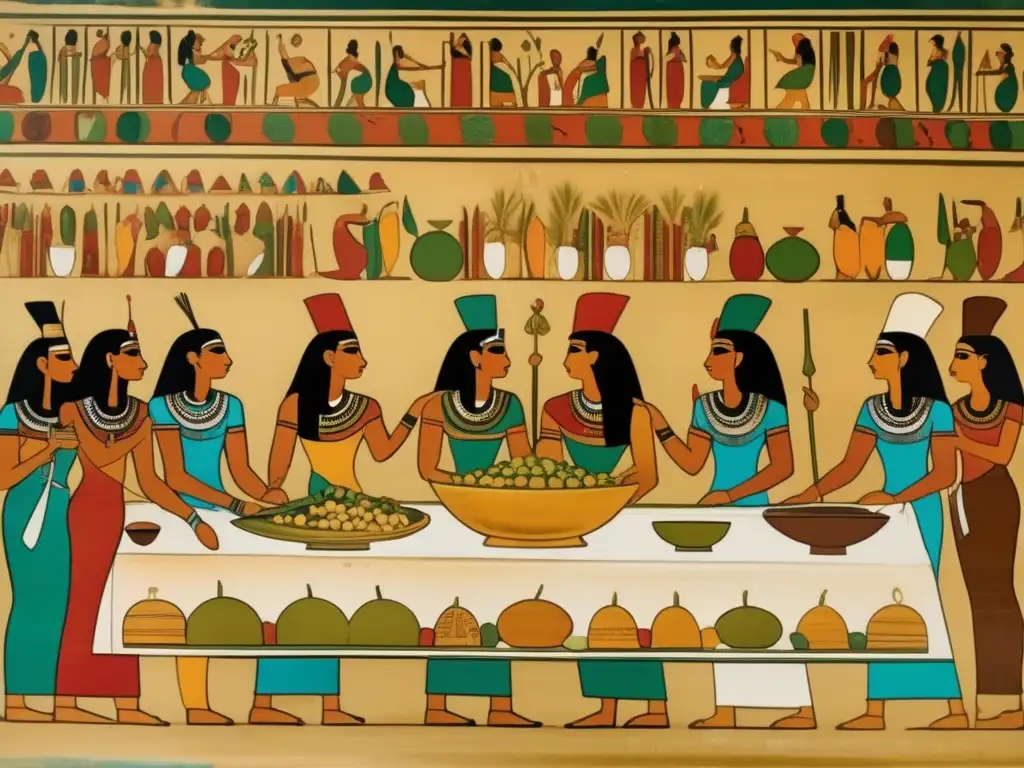 Una pintura mural egipcia vintage muestra una escena de banquete en un gran salón