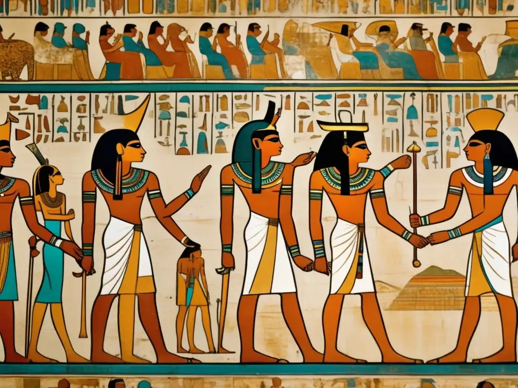 Pintura mural de una tumba noble del antiguo Egipto: una vibrante procesión de nobles y sus acompañantes con vestimentas y joyas elaboradas