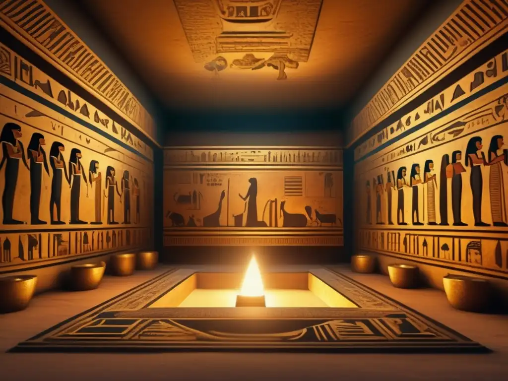 Una pintura vintage de una cámara funeraria egipcia llena de simbolismo y detalles